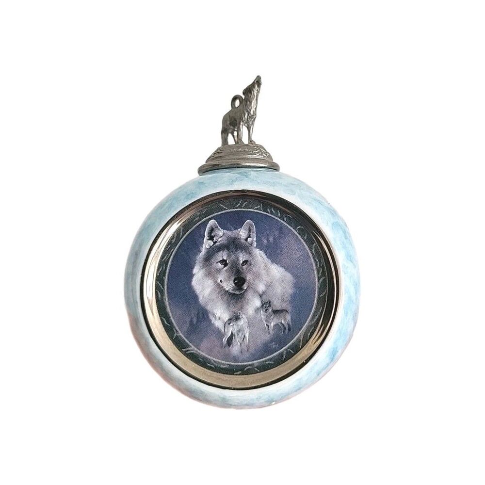 Silver Scout 1997 Bradford Exchange Wolf Ornament Christmas Ceramic Metal EUC